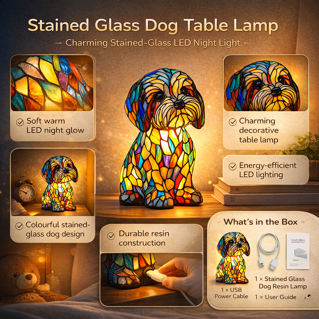 Table Lamp Stained Glass Dog LED Night Light Resin Decor | Meowbutter