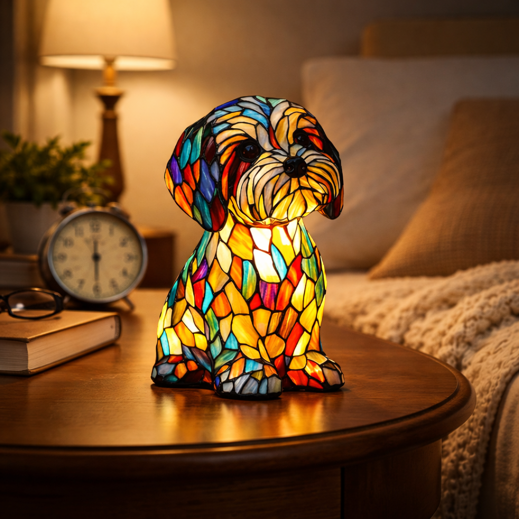 Table Lamp Stained Glass Dog LED Night Light Resin Decor | Meowbutter