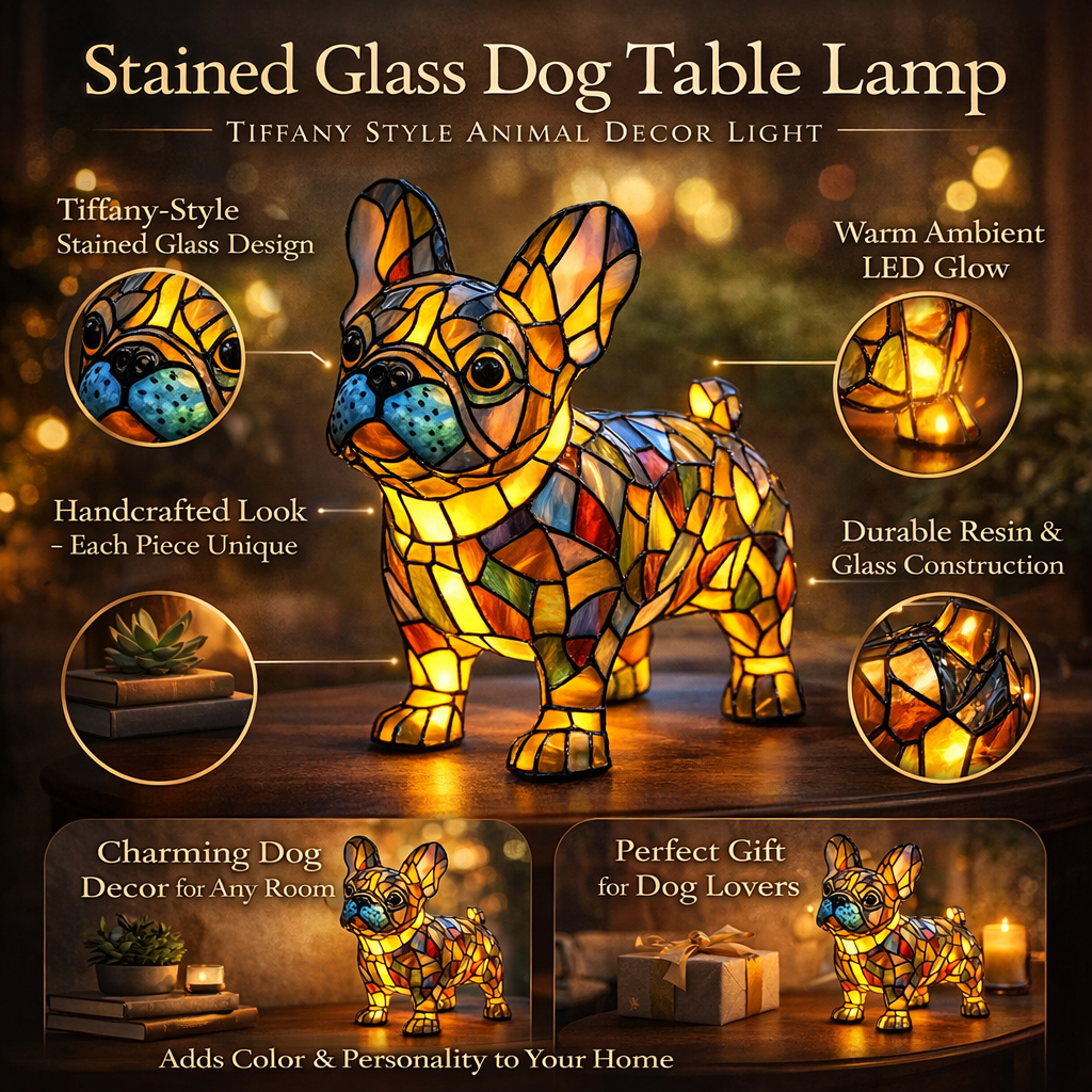 Table Lamp Stained Glass Dog Style Animal Decor Light | Meowbutter