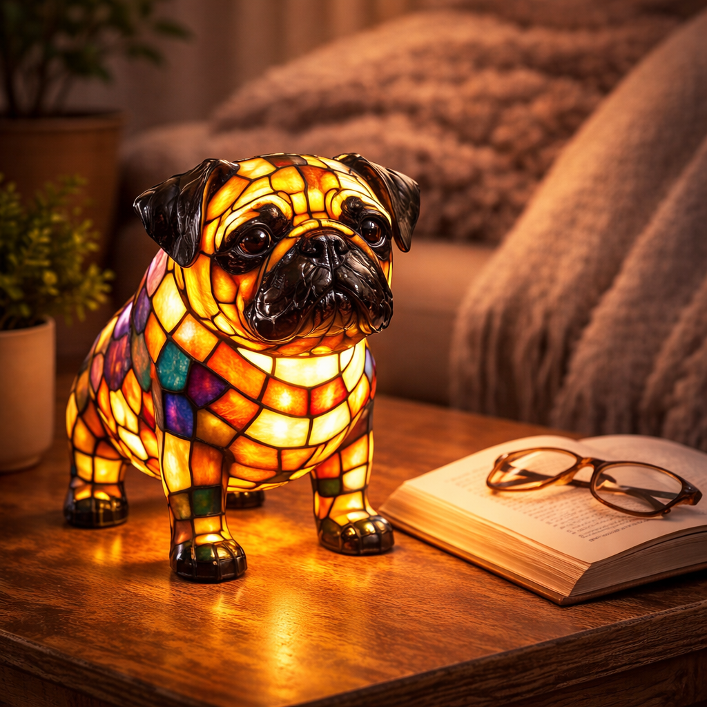 Lampka nocna LED w formie figurki psa z żywicznego szkła witrażowego, lampka stołowa