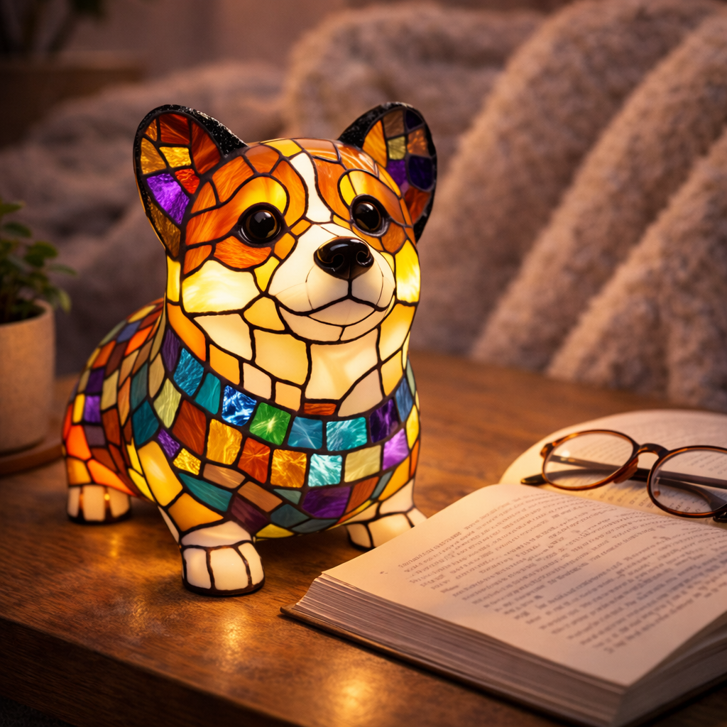Lampka nocna LED w formie figurki psa z żywicznego szkła witrażowego, lampka stołowa