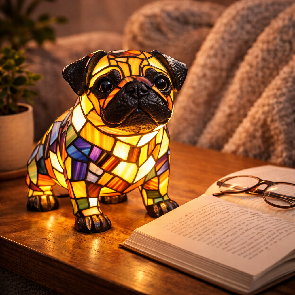 Lampka nocna LED w formie figurki psa z żywicznego szkła witrażowego, lampka stołowa