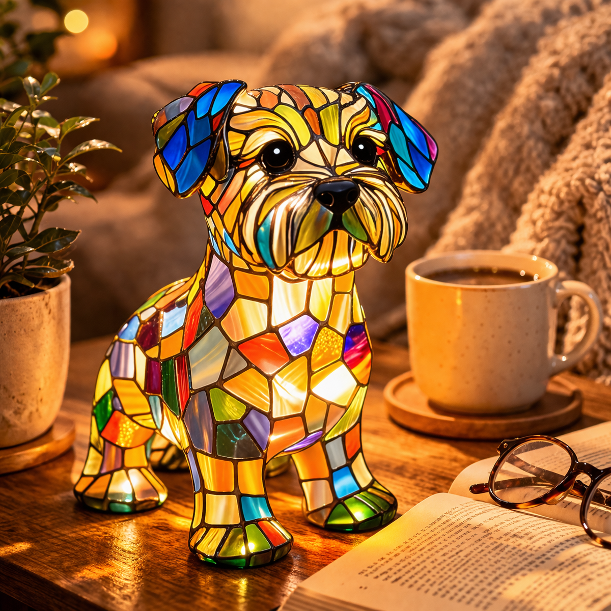 Lampka nocna LED w formie figurki psa z żywicznego szkła witrażowego, lampka stołowa