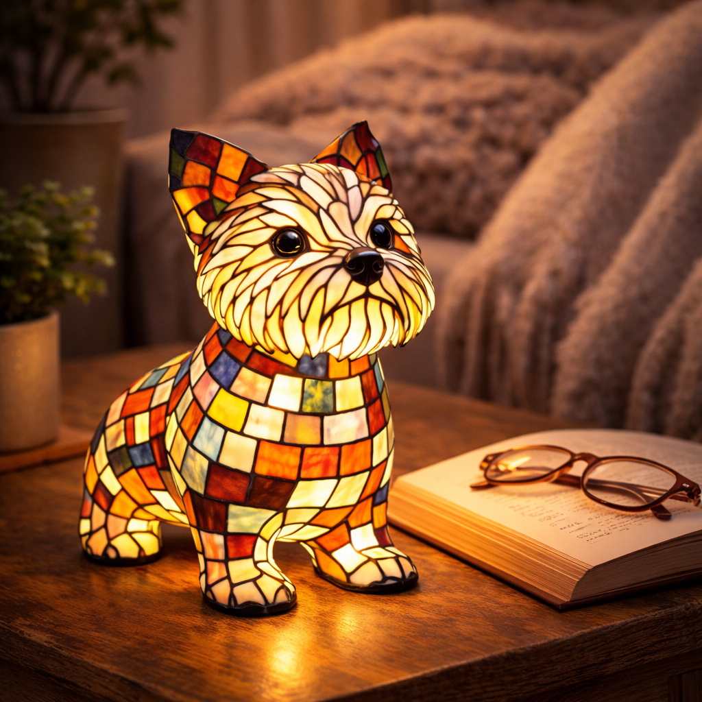 Lampka nocna LED w formie figurki psa z żywicznego szkła witrażowego, lampka stołowa