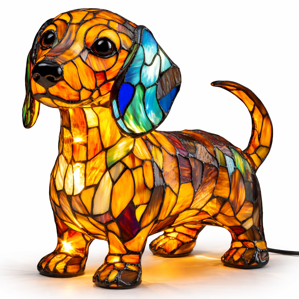 Bordlampe med hund i farget glass-stil — USB-drevet ravfarget LED-nattlampe