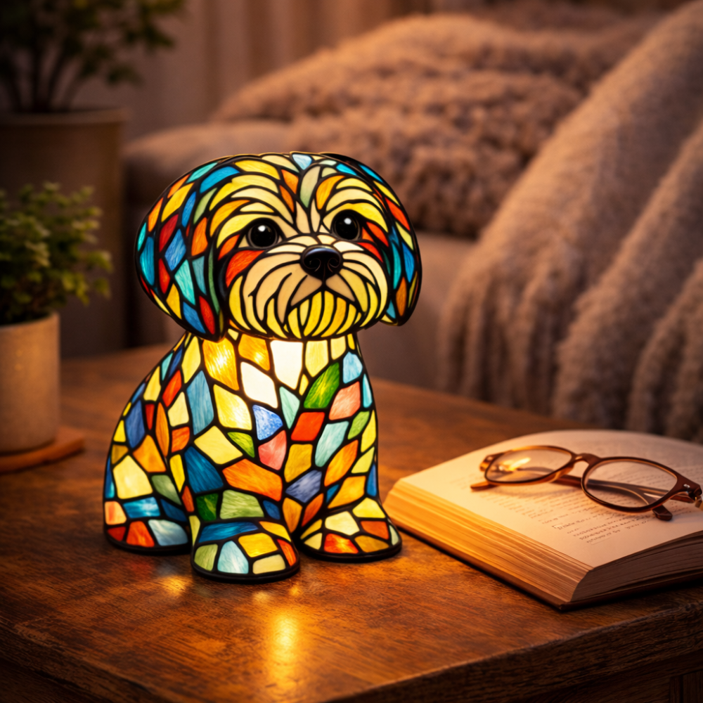 Lampka nocna LED w formie figurki psa z żywicznego szkła witrażowego, lampka stołowa