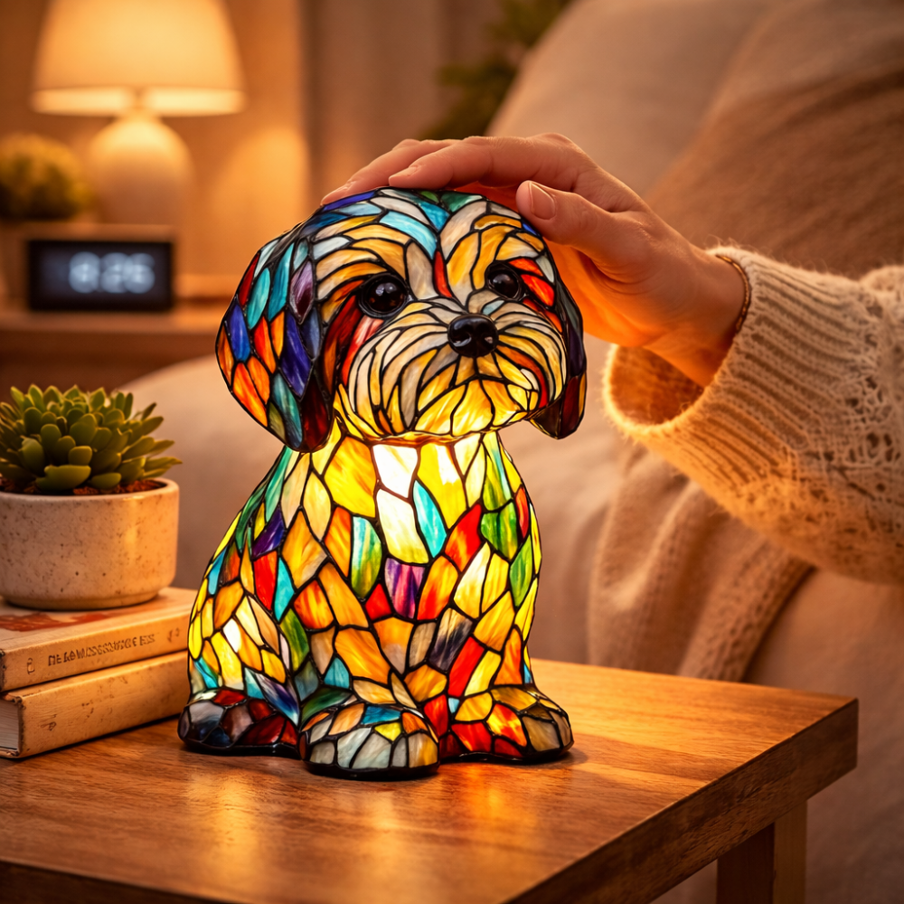Lampka nocna LED w formie figurki psa z żywicznego szkła witrażowego, lampka stołowa