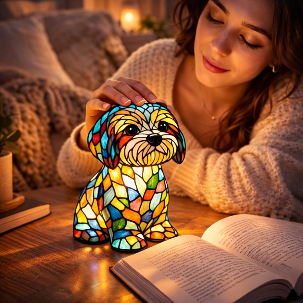Lampka nocna LED w formie figurki psa z żywicznego szkła witrażowego, lampka stołowa