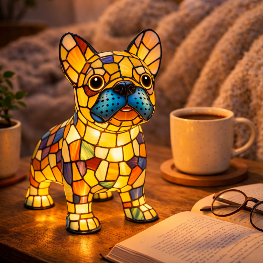 Lampka nocna LED w formie figurki psa z żywicznego szkła witrażowego, lampka stołowa