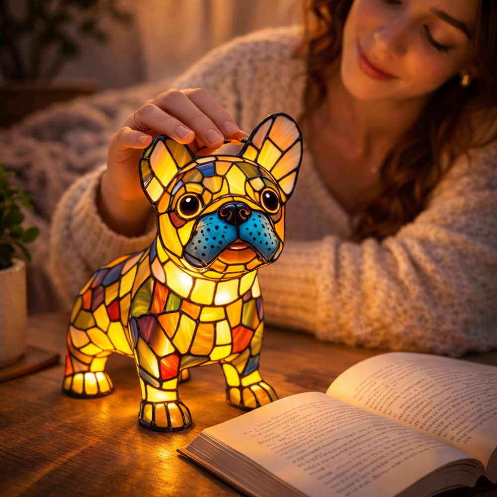 Lampka nocna LED w formie figurki psa z żywicznego szkła witrażowego, lampka stołowa