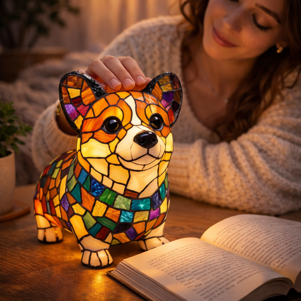 Lampka nocna LED w formie figurki psa z żywicznego szkła witrażowego, lampka stołowa