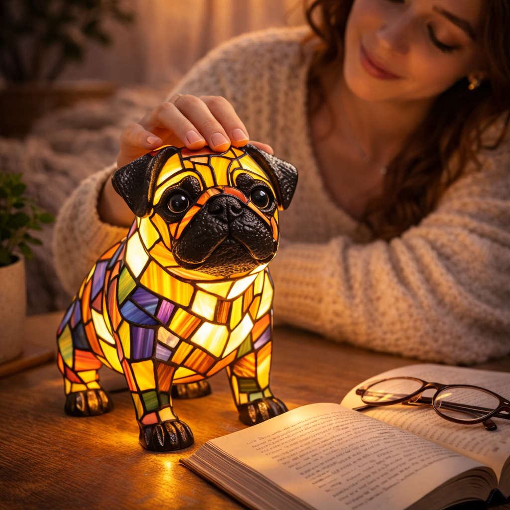 Lampka nocna LED w formie figurki psa z żywicznego szkła witrażowego, lampka stołowa
