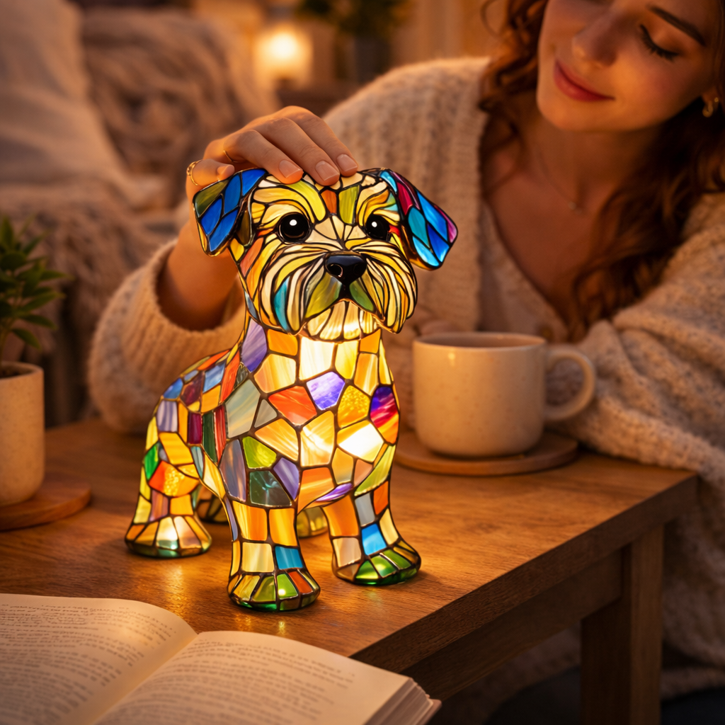 Lampka nocna LED w formie figurki psa z żywicznego szkła witrażowego, lampka stołowa