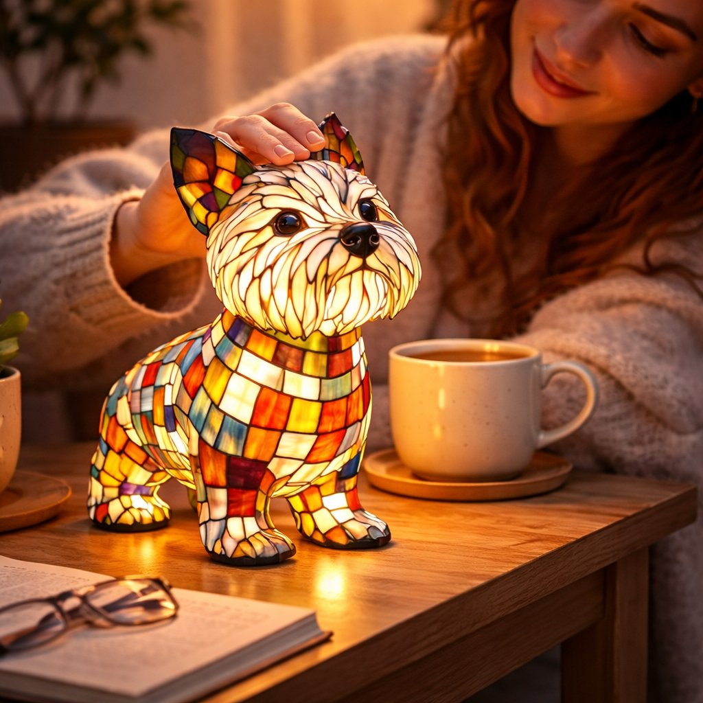Lampka nocna LED w formie figurki psa z żywicznego szkła witrażowego, lampka stołowa