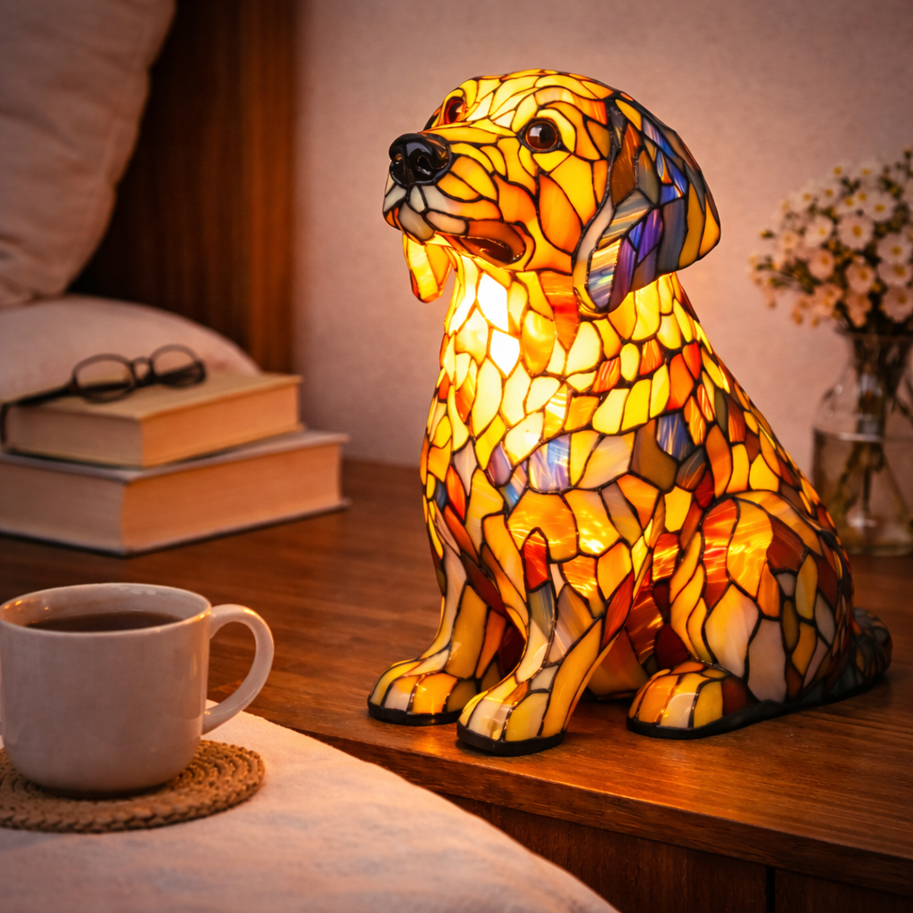 Lampe med farvet glas i hundedesign – ravfarvet LED-natlampe med flerfarvede refleksioner