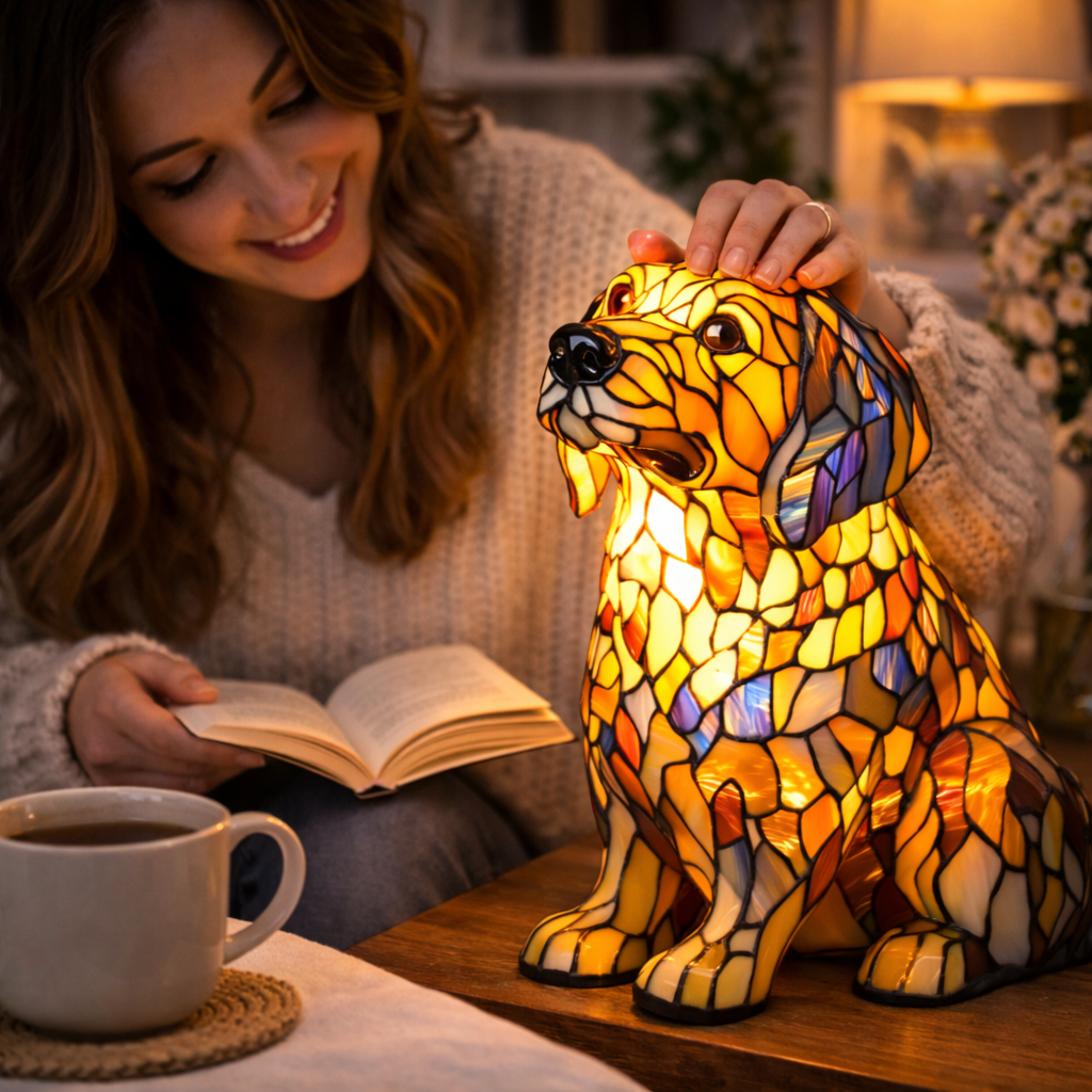 Lampe med farvet glas i hundedesign – ravfarvet LED-natlampe med flerfarvede refleksioner
