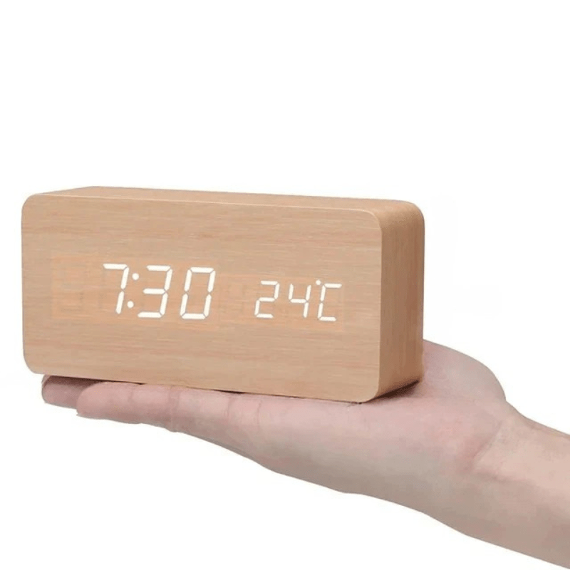 Digital LED Alarm Clock with Natural Wood Design and Temperature Display | meowbutter