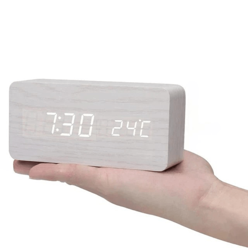 Digital LED Alarm Clock with Natural Wood Design and Temperature Display | meowbutter