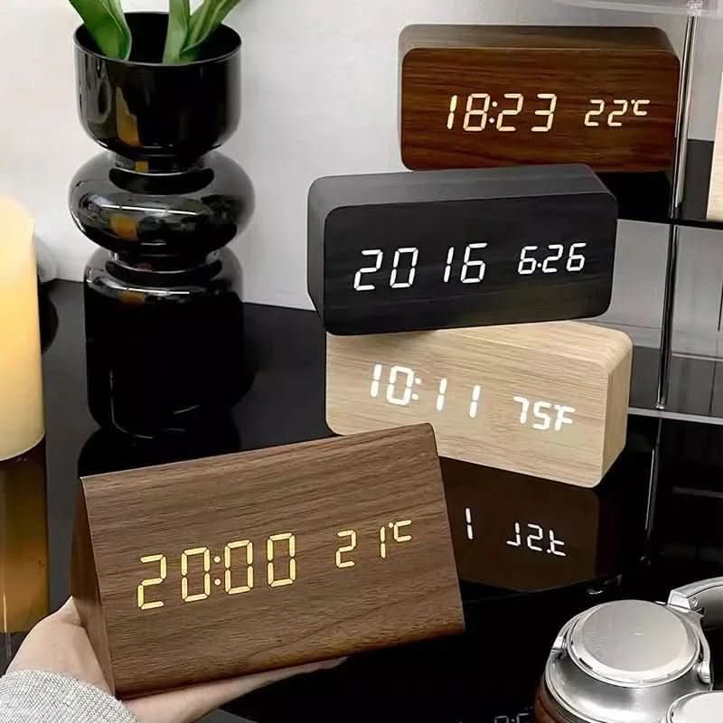Digital LED Alarm Clock with Natural Wood Design and Temperature Display | meowbutter