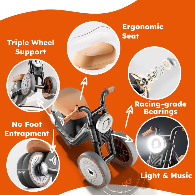 Motocicleta para Niños - Antivuelco - Ruedas Silenciosas de EVA - Luz y Sonido - Edades 1–6 - Máximo 30 kg | meowbutter