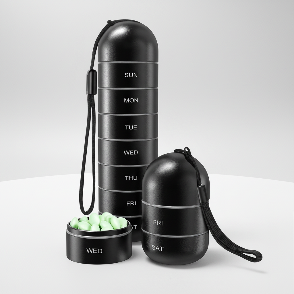 Organizador de aluminio portátil para pastillas PillTower — Compartimentos diarios