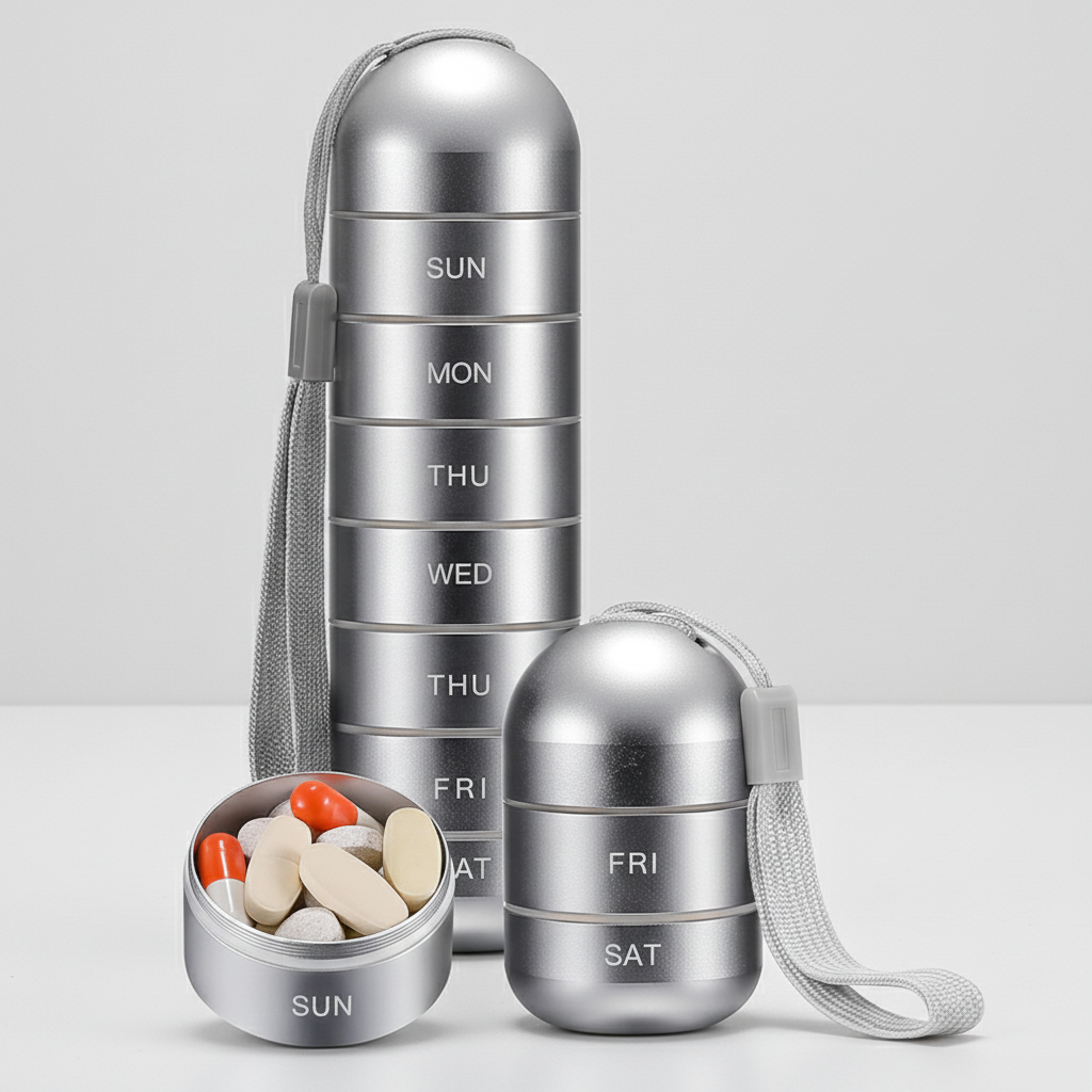 Organizador de aluminio portátil para pastillas PillTower — Compartimentos diarios