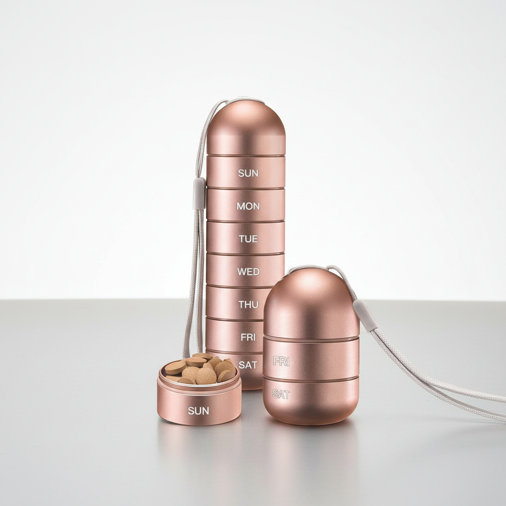 Organizador de aluminio portátil para pastillas PillTower — Compartimentos diarios