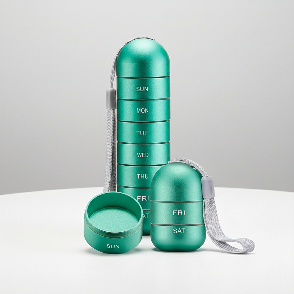 Organizador de aluminio portátil para pastillas PillTower — Compartimentos diarios