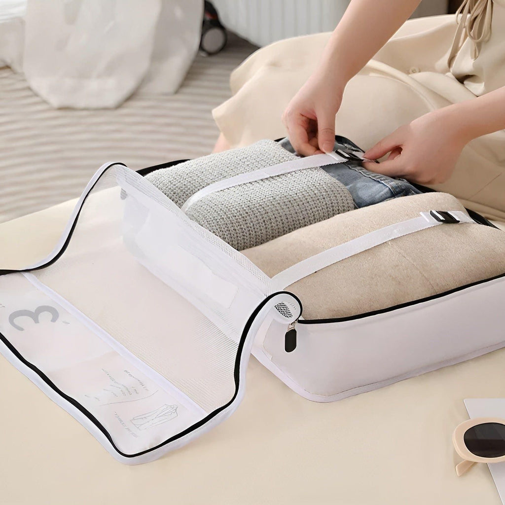 Packing Cube Set - 7 Pieces - Compression Travel Organisers - Water-Repellent - Beige, White & Black | meowbutter