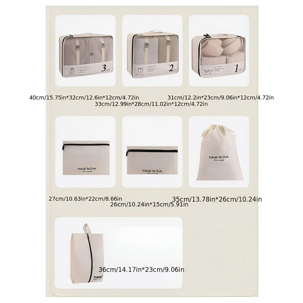Packing Cube Set - 7 Pieces - Compression Travel Organisers - Water-Repellent - Beige, White & Black | meowbutter