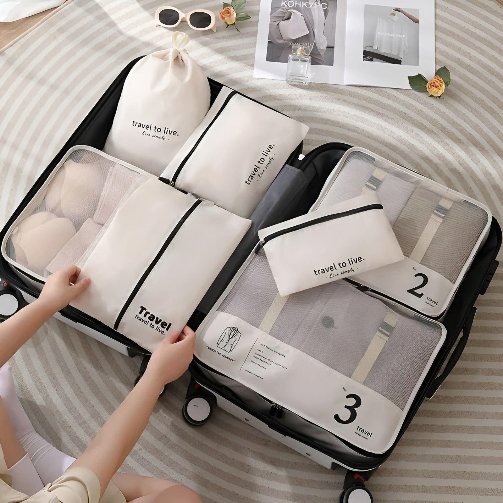 Packing Cube Set - 7 Pieces - Compression Travel Organisers - Water-Repellent - Beige, White & Black | meowbutter