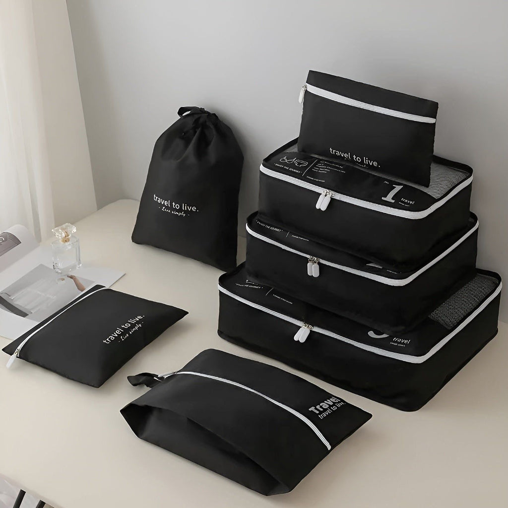 Packing Cube Set - 7 Pieces - Compression Travel Organisers - Water-Repellent - Beige, White & Black | meowbutter