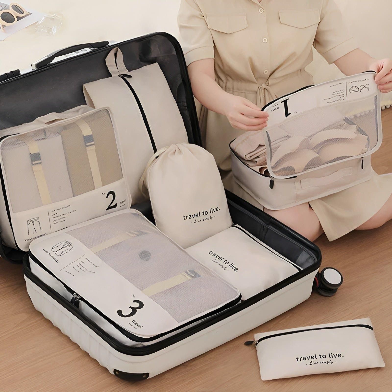 Packing Cube Set - 7 Pieces - Compression Travel Organisers - Water-Repellent - Beige, White & Black | meowbutter