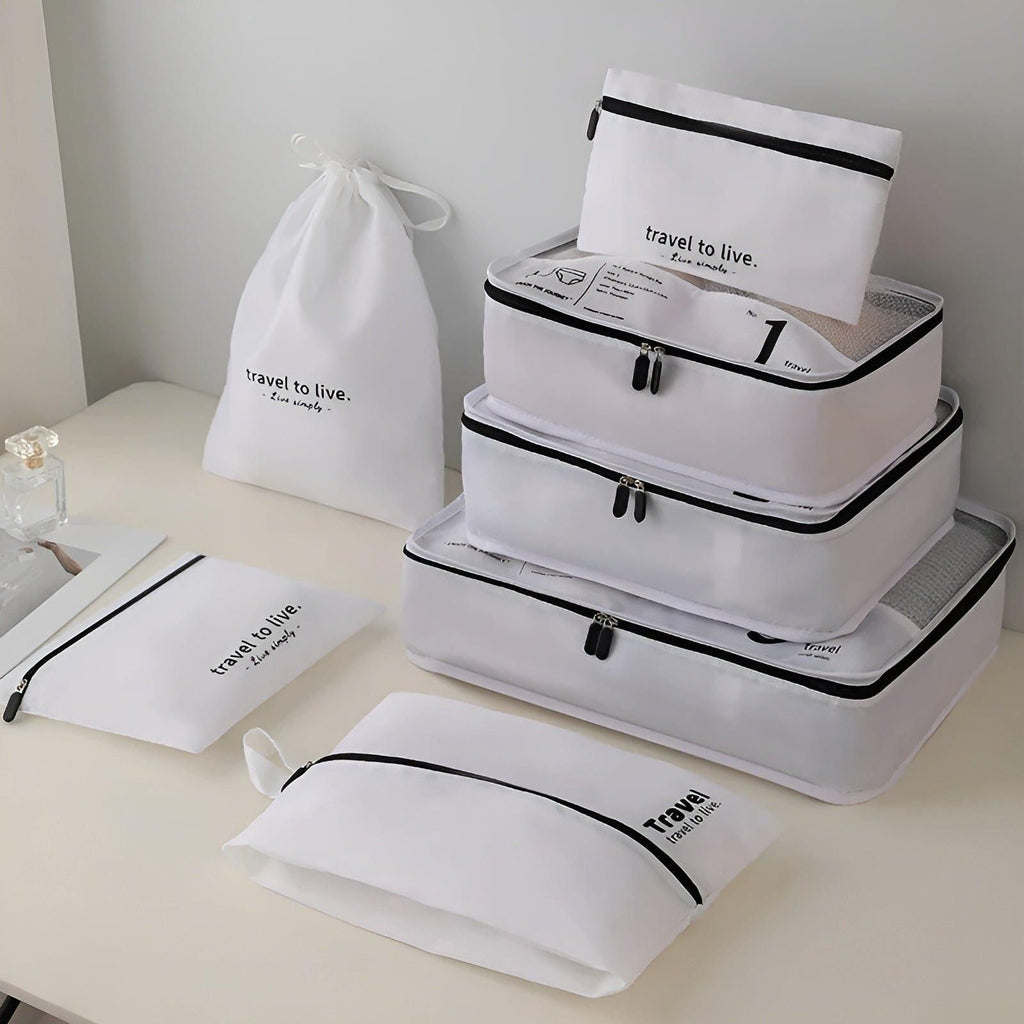 Packing Cube Set - 7 Pieces - Compression Travel Organisers - Water-Repellent - Beige, White & Black | meowbutter