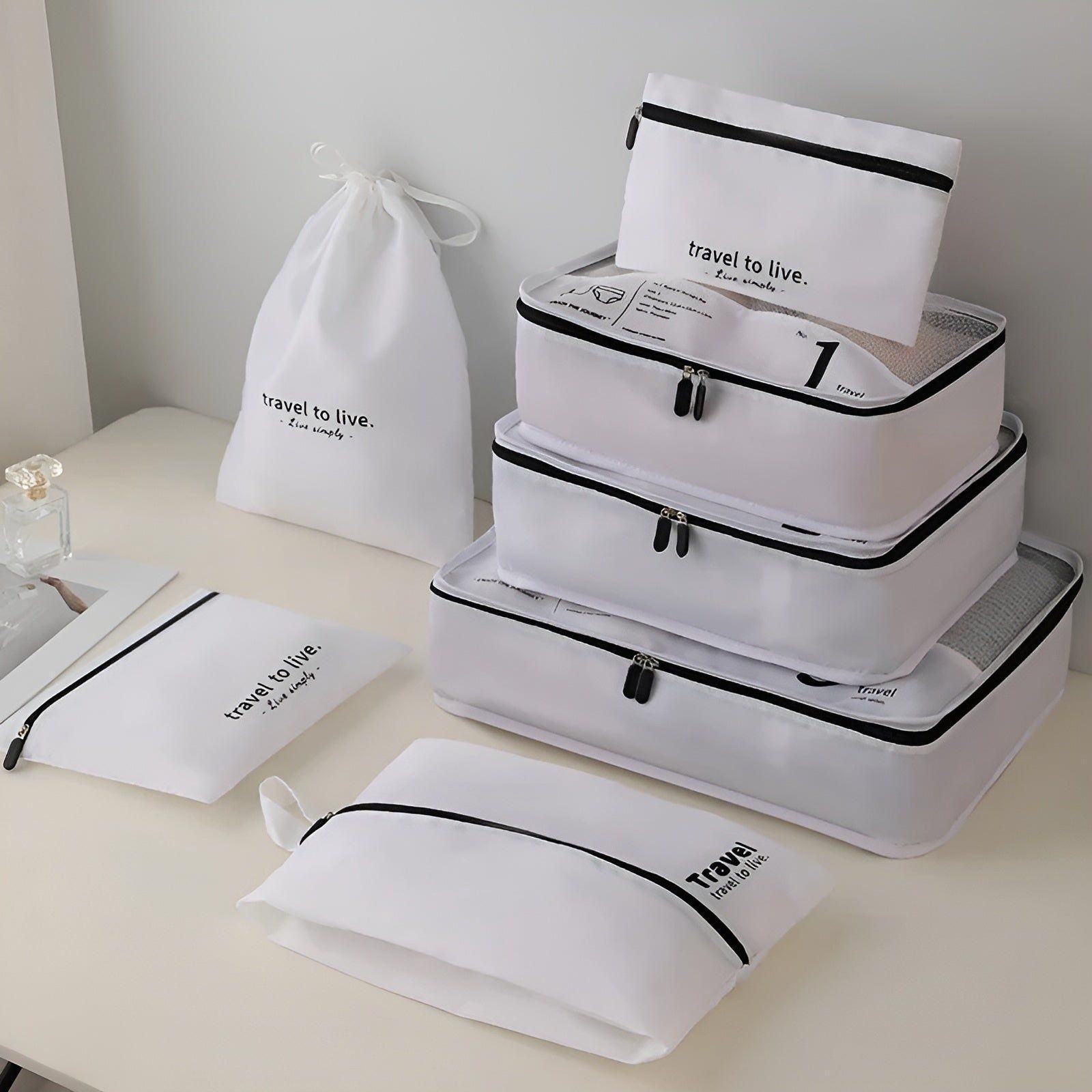 Packing Cube Set - 7 Pieces - Compression Travel Organisers - Water-Repellent - Beige, White & Black | meowbutter