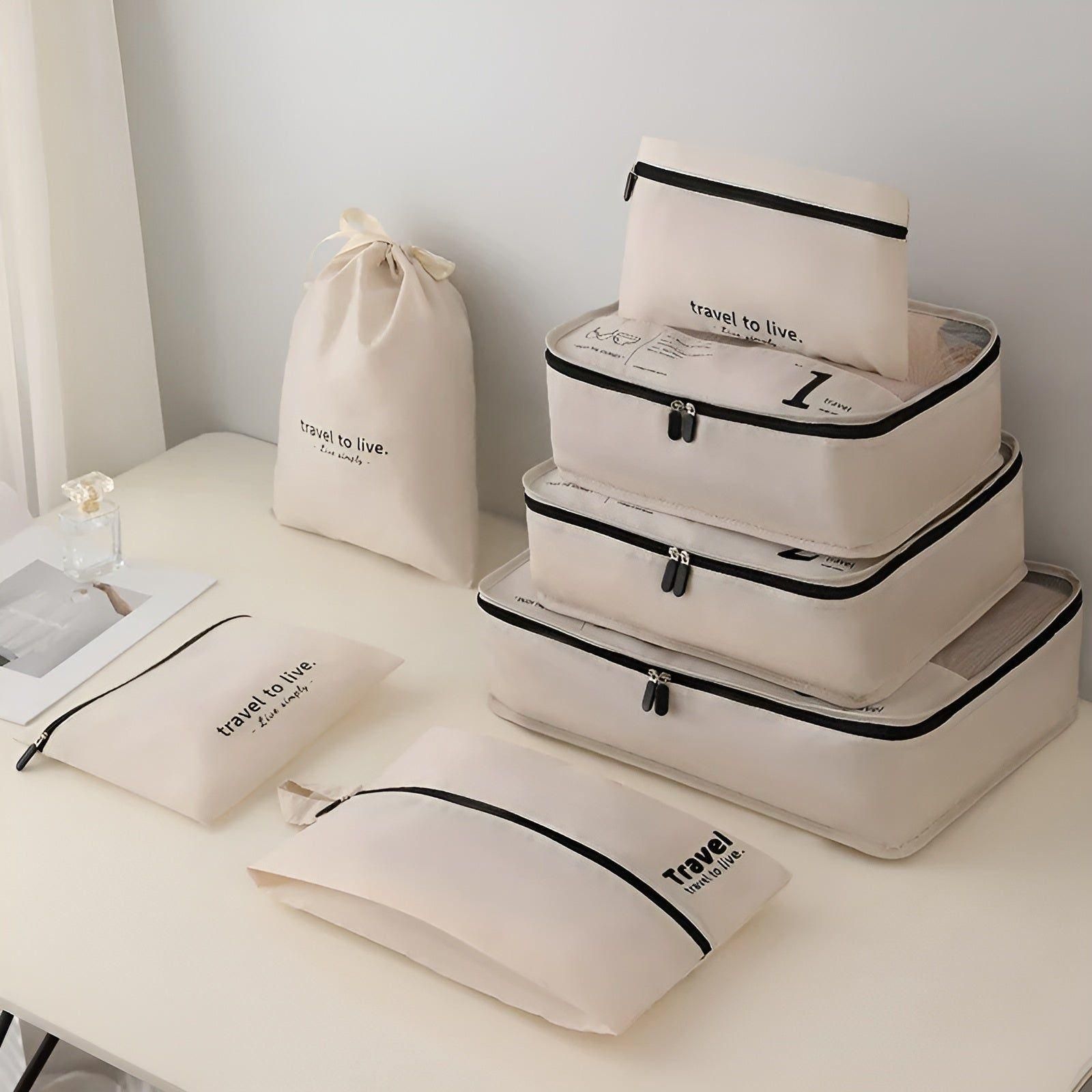 Packing Cube Set - 7 Pieces - Compression Travel Organisers - Water-Repellent - Beige, White & Black | meowbutter
