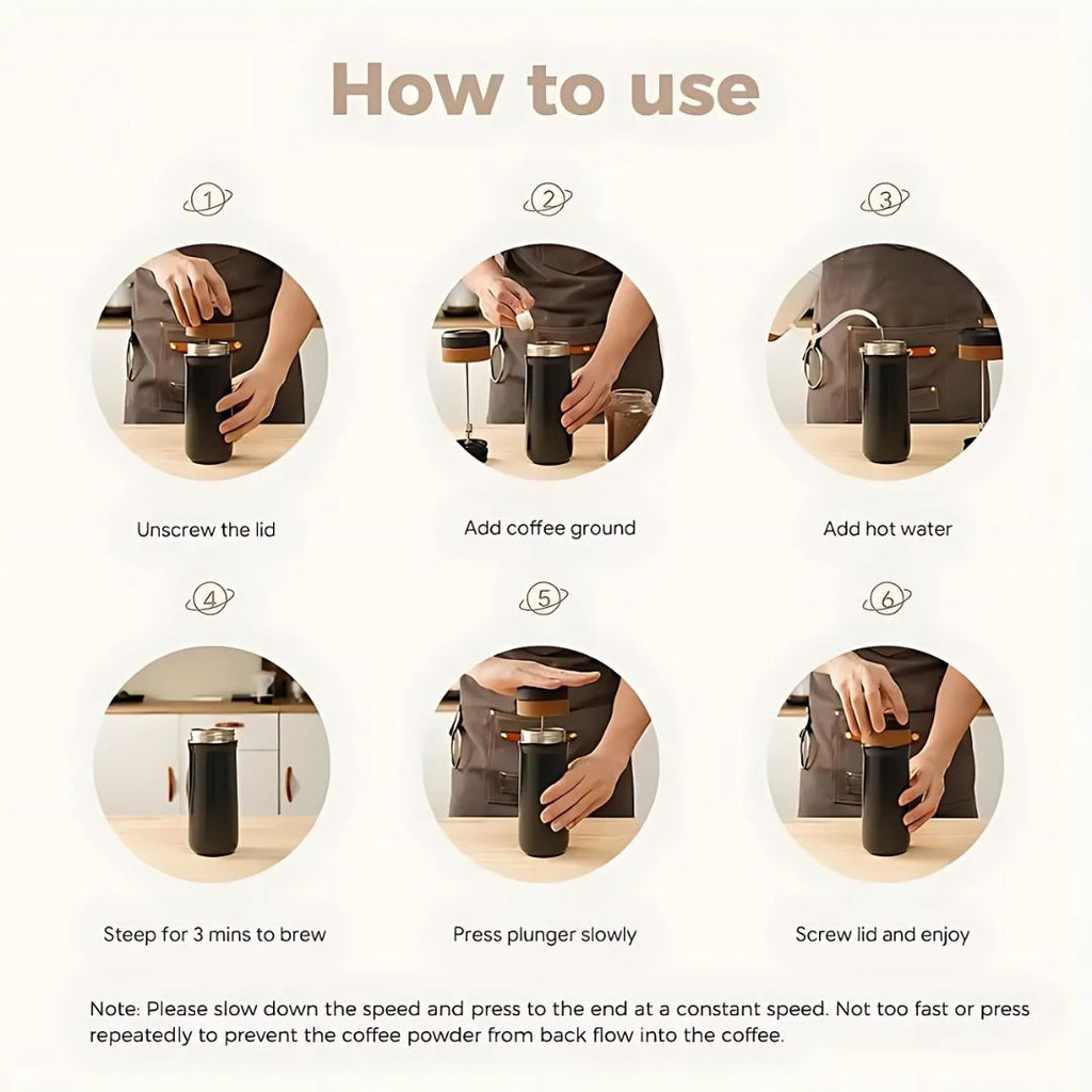 French Press Travel Mug - Double-Wall Stainless Steel - 320ml - Leak-Resistant Lid | meowbutter