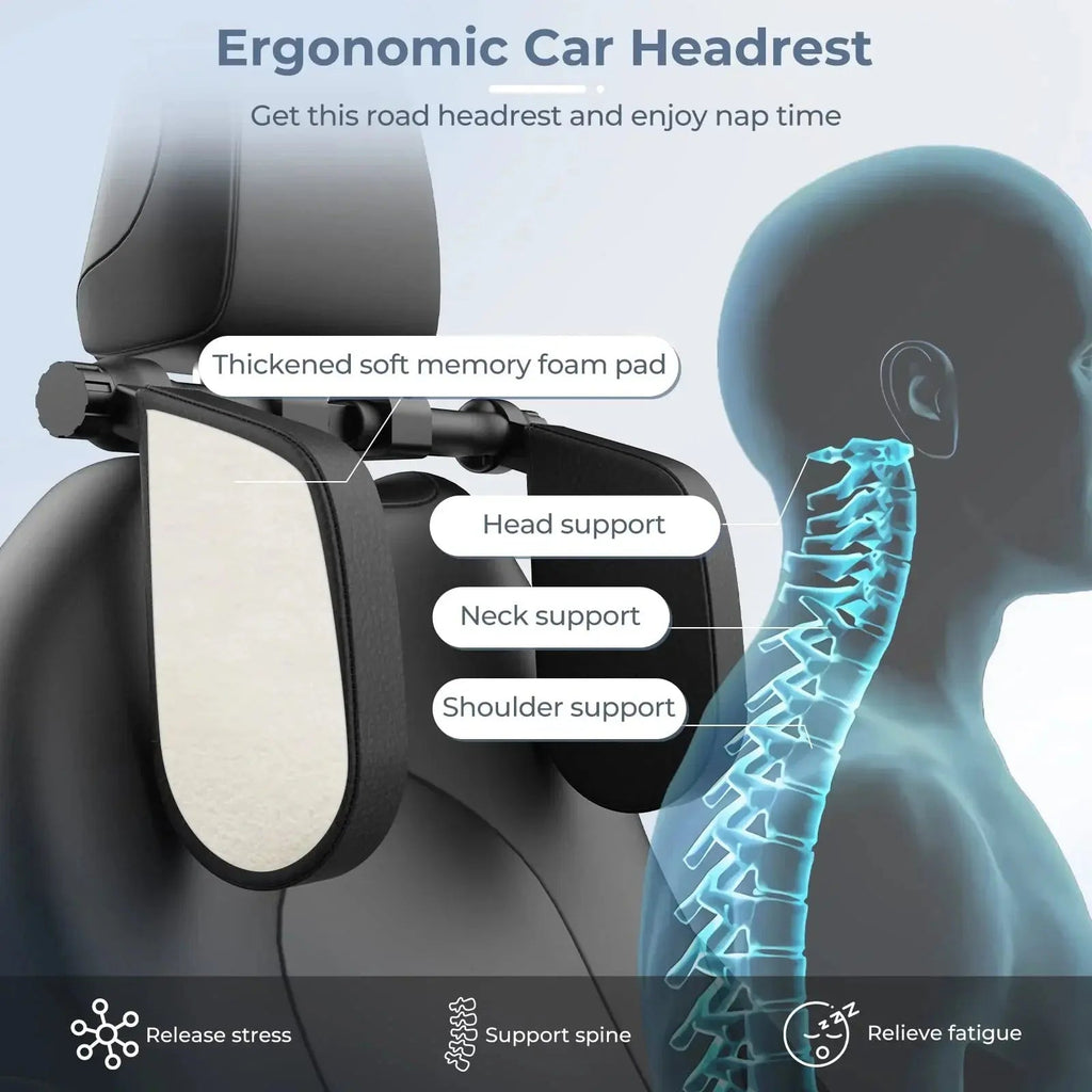 Almohada cervical ajustable para automóvil — forma de U, soporte lateral, almacenamiento plegable plano