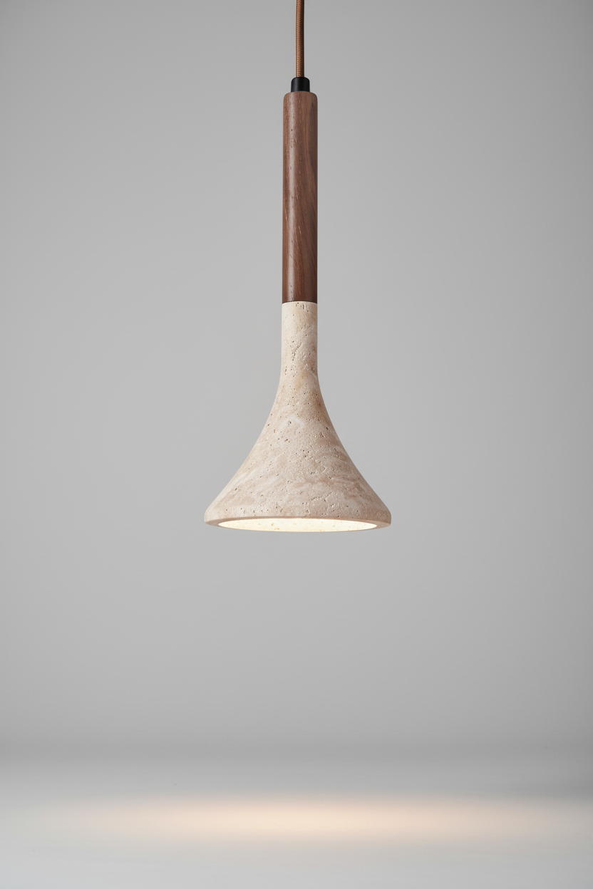 Travertine Glow Pendant Light With Walnut Wood Detail For Modern Kitchens