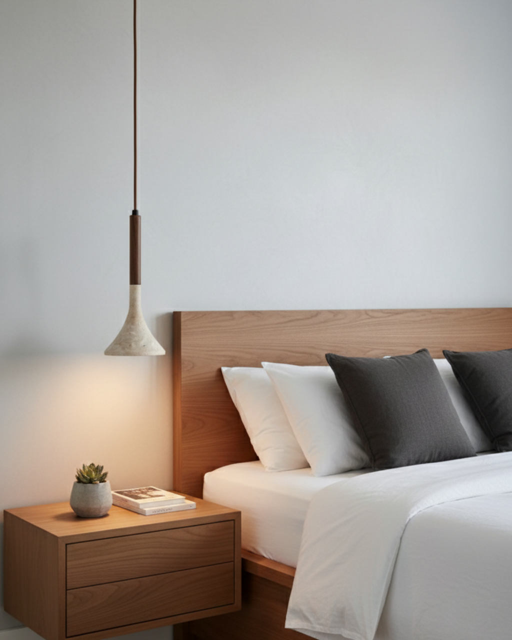 Travertine Glow Pendant Light With Walnut Wood Detail For Modern Kitchens