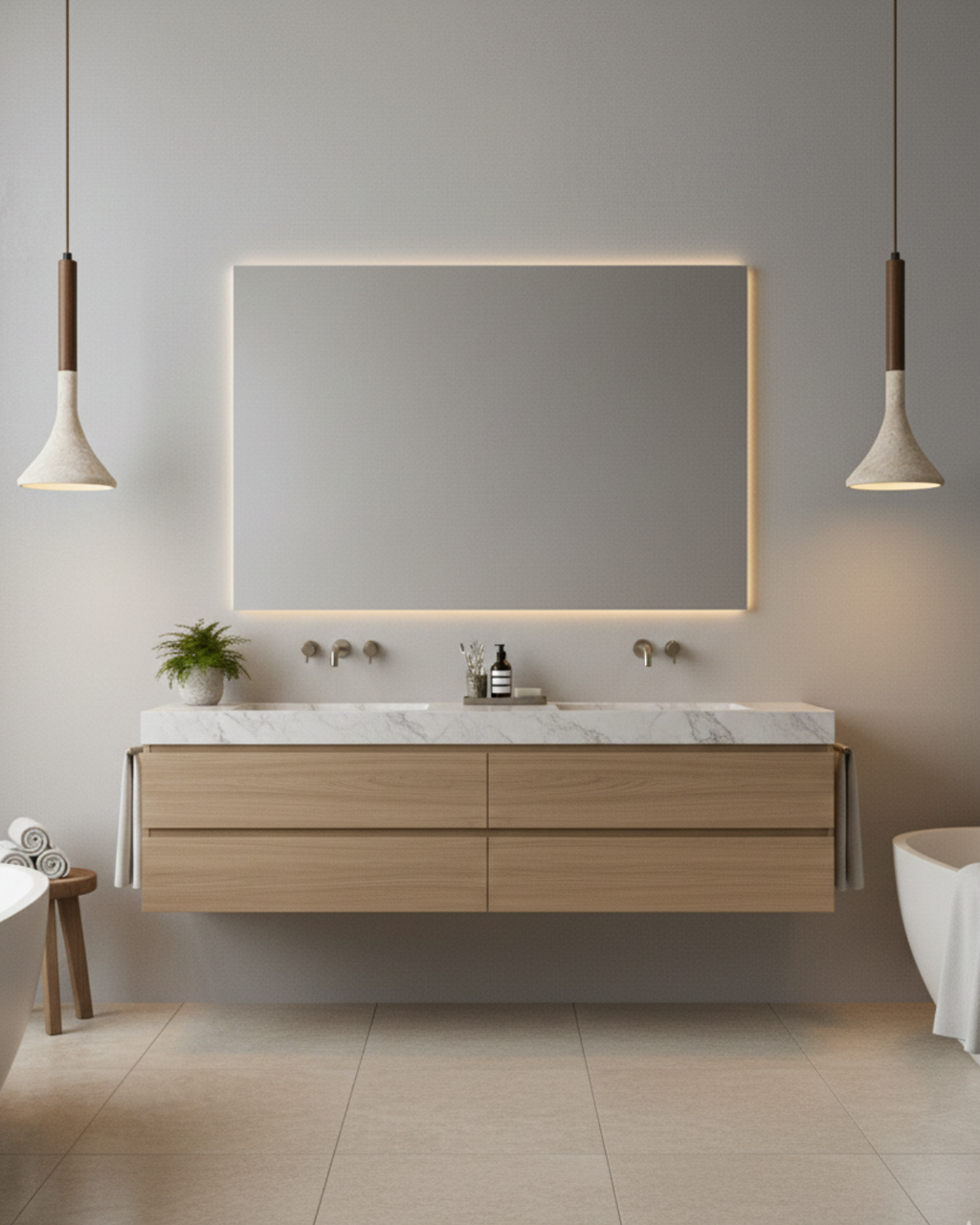 Travertine Glow Pendant Light With Walnut Wood Detail For Modern Kitchens