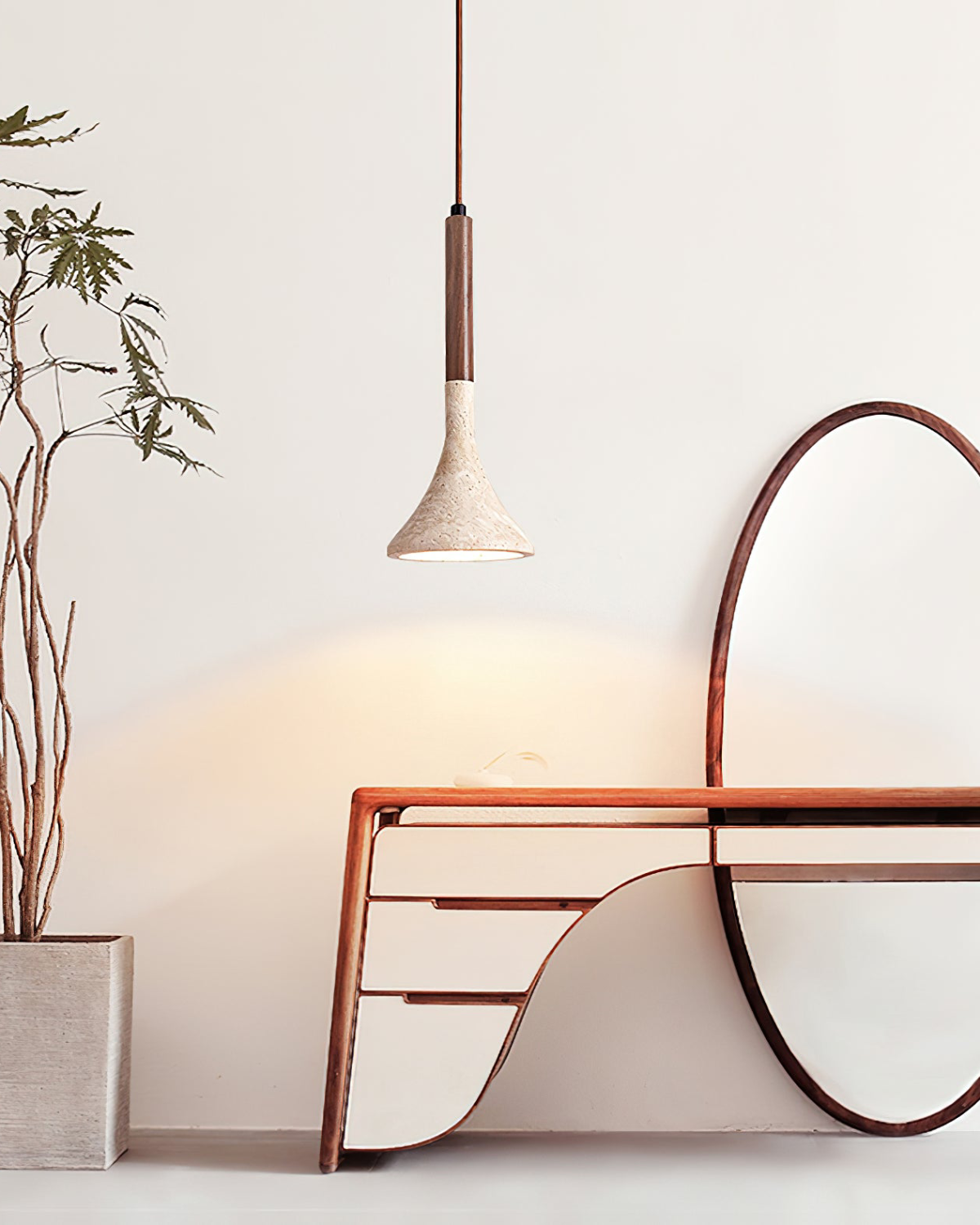 Travertine Glow Pendant Light With Walnut Wood Detail For Modern Kitchens