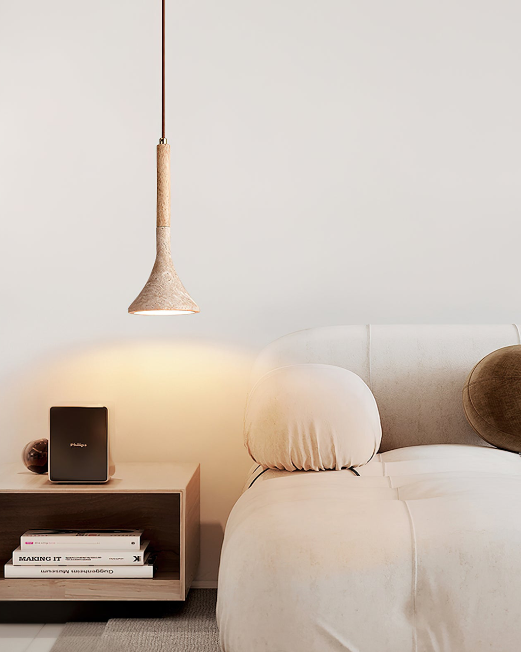 Travertine Glow Pendant Light With Walnut Wood Detail For Modern Kitchens