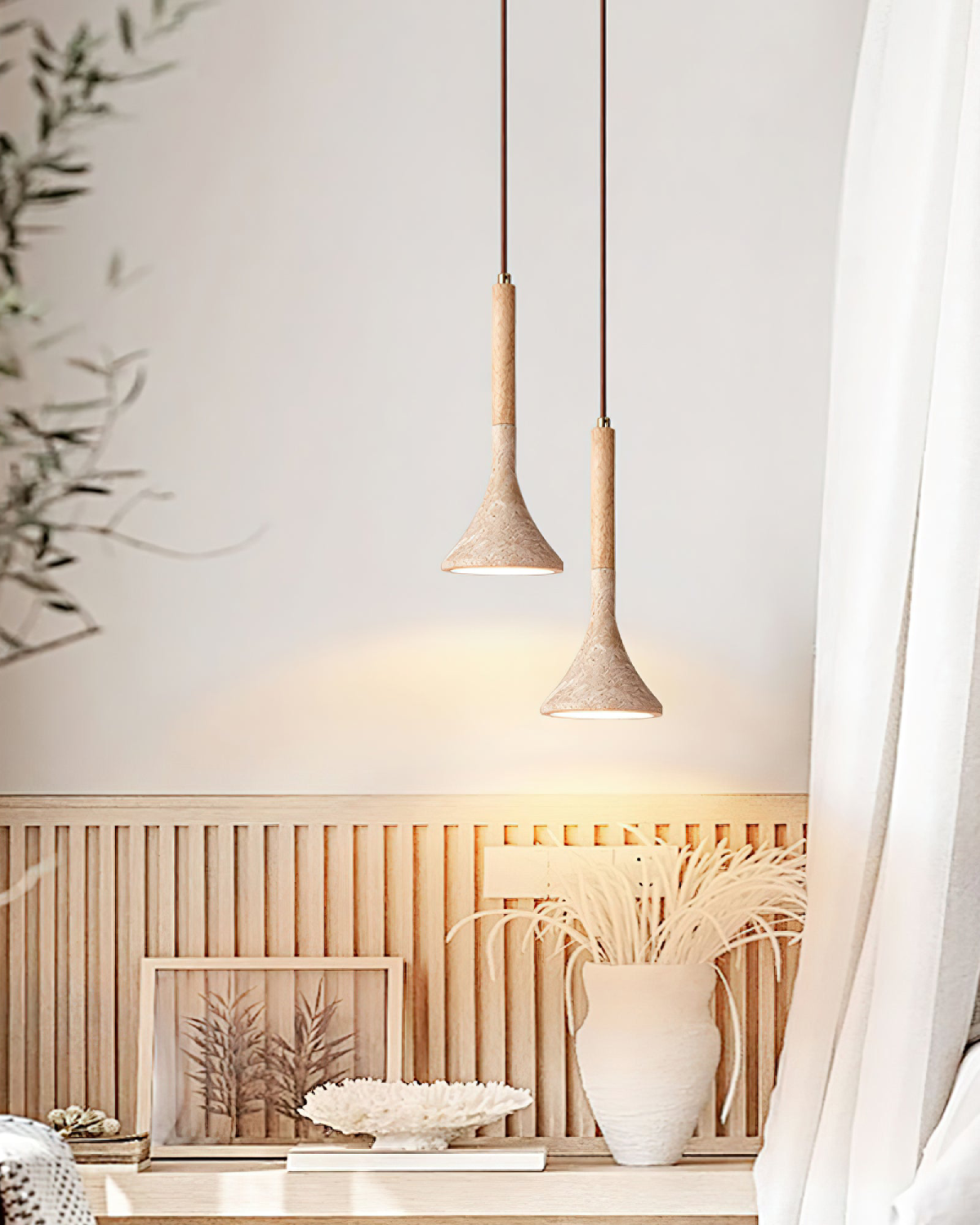 Travertine Glow Pendant Light With Walnut Wood Detail For Modern Kitchens