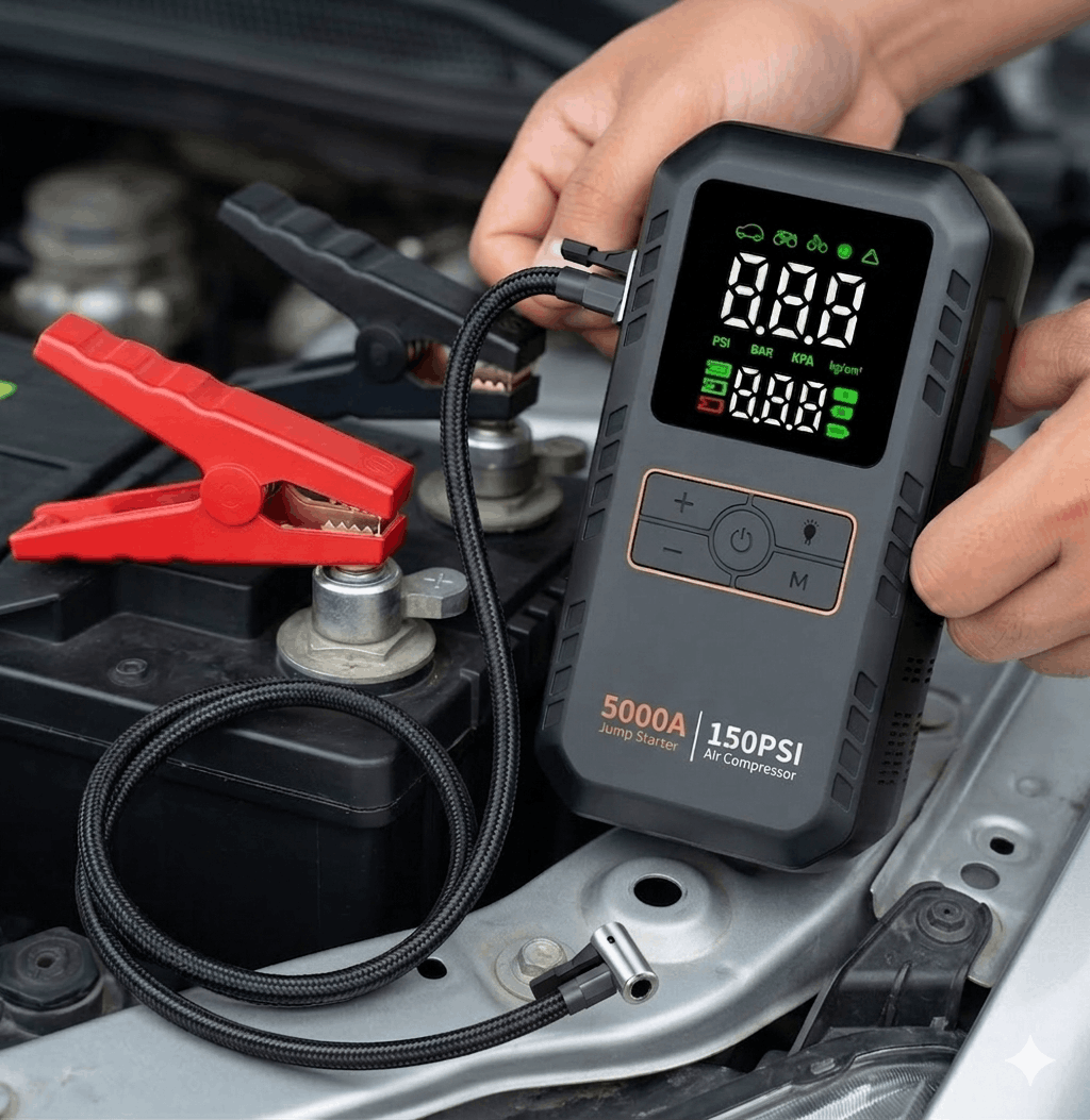 Přenosný startér do auta - 5000A špičkový proud - 4 v 1 - vzduchový kompresor - 16000mAh - 150 PSI | meowbutter