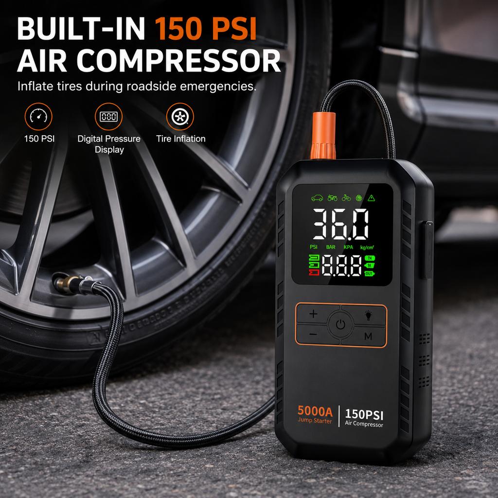 Přenosný startér do auta - 5000A špičkový proud - 4 v 1 - vzduchový kompresor - 16000mAh - 150 PSI | meowbutter