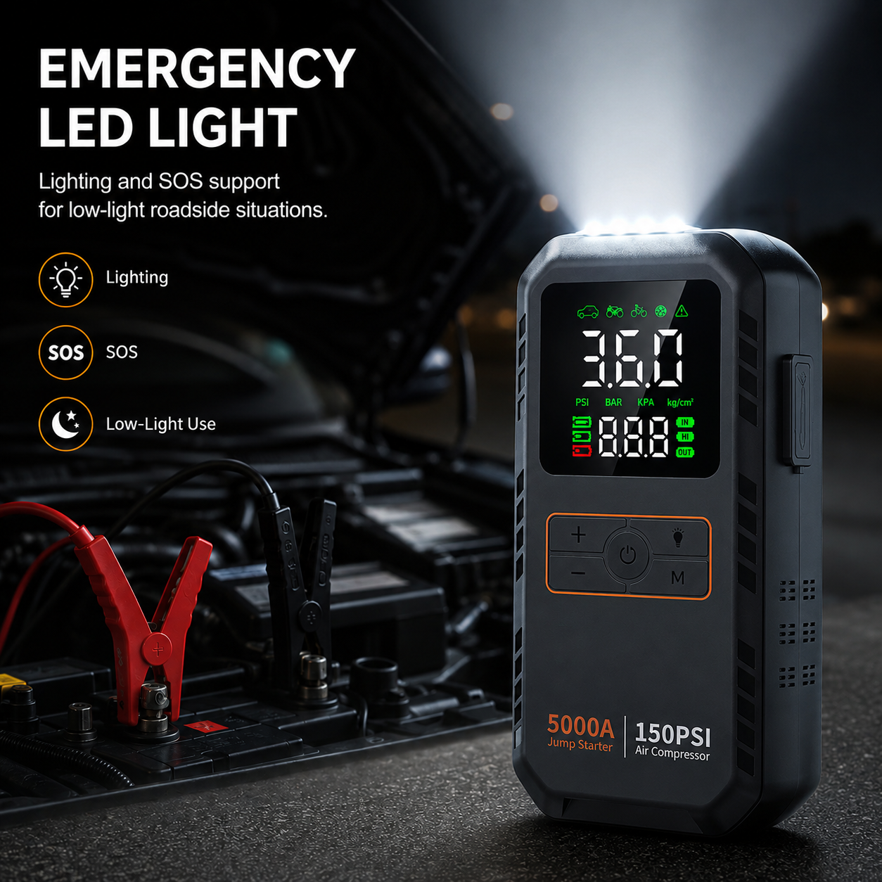 Přenosný startér do auta - 5000A špičkový proud - 4 v 1 - vzduchový kompresor - 16000mAh - 150 PSI | meowbutter