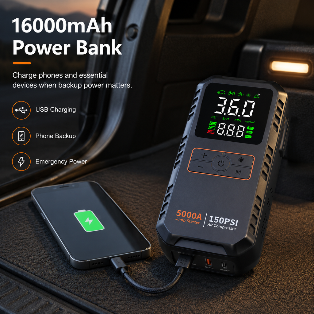 Přenosný startér do auta - 5000A špičkový proud - 4 v 1 - vzduchový kompresor - 16000mAh - 150 PSI | meowbutter