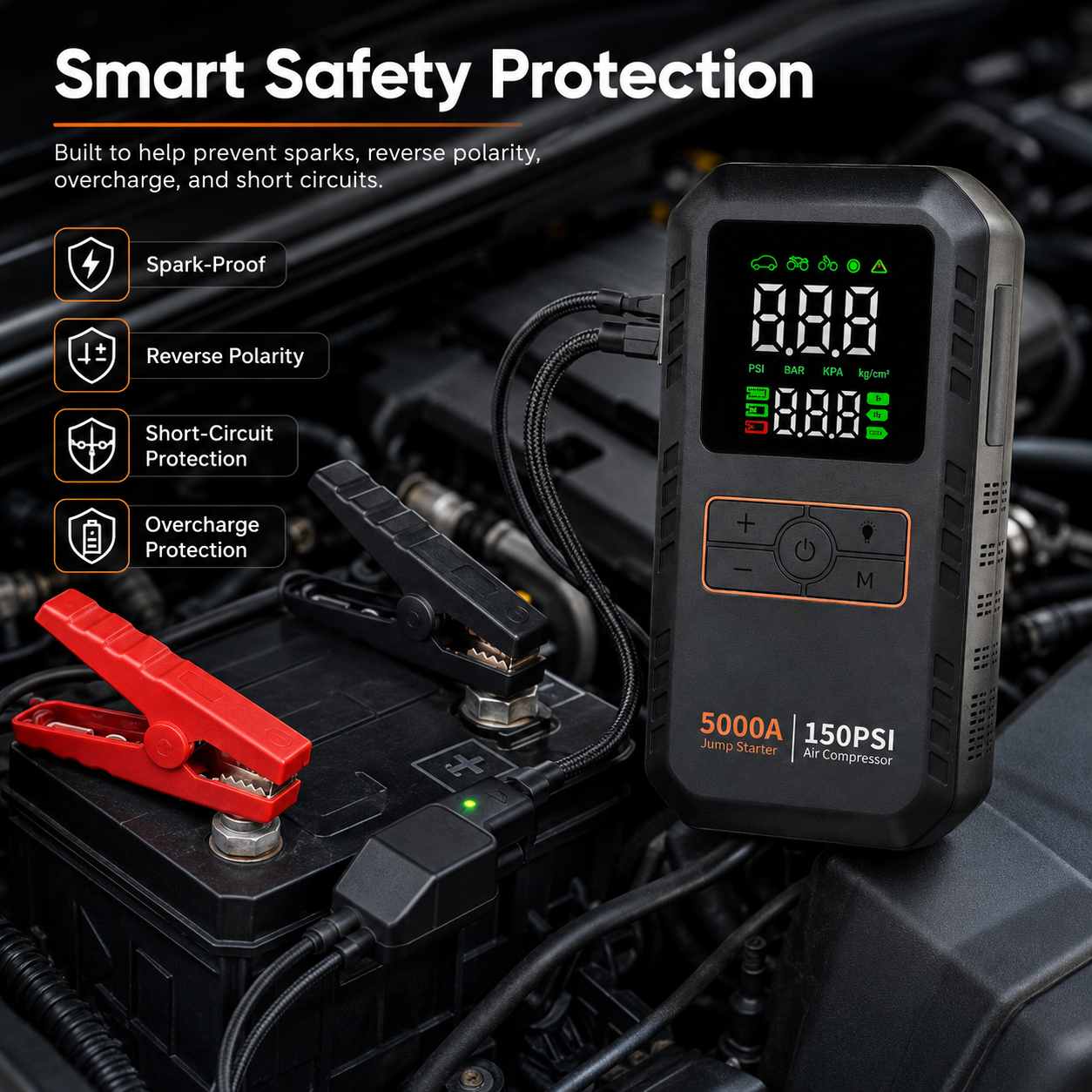 Přenosný startér do auta - 5000A špičkový proud - 4 v 1 - vzduchový kompresor - 16000mAh - 150 PSI | meowbutter