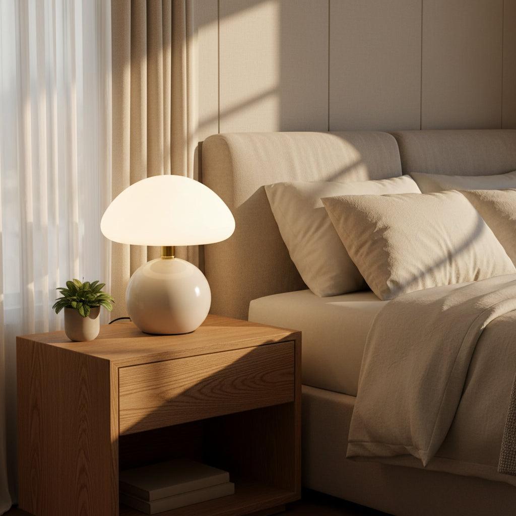Lampada crema con funghi francesi con illuminazione LED regolabile, design in ceramica